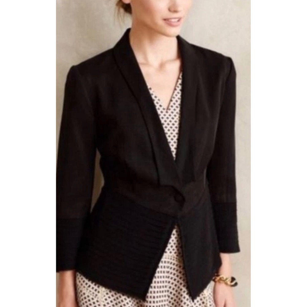 Fleur Wood Anthropologie Strata Tuxedo Blazer Black Raw Edge Trim Size 0
